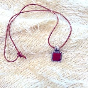 925 Sterling silver pendant red coral on leather 18” necklace adjustable